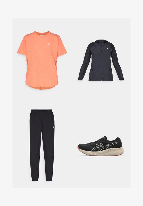 Svart lett jakke med hette, hel glidelås, to sidelommer og kontrasterende svarte paneler på skuldrene og ermene.; Kortermet treningsskjorte i lys oransje stoff, med rund hals, lett buet søm, og en liten hvit logo på brystet.; Svart idrettsbukser med elastisk linning, smale ben med mansjetter, laget av et lett og glatt materiale, med en liten logo på låret.; Svart løpesko med mesh-overdel og hvite detaljer. Har en polstret mellomsåle og røde såledetaljer. Lett design.