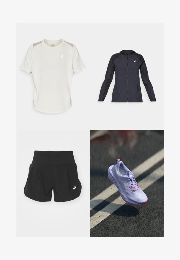 Svart lett jakke med hette, hel glidelås, to sidelommer og kontrasterende svarte paneler på skuldrene og ermene.; Kremfarget kortermet treningsskjorte med rund hals, mesh detaljer på skuldrene, og reflektiv logo på forsiden.; Sorte atletisk shorts med bred midjebånd, plisserte detaljer og en liten hvit logo på nederste venstre side. Mykt, lett materiale.; Lys lilla joggesko med teksturert overdel, rosa detaljer, en rund snølås mekanisme, og en prikkete såle, hevet over en asfaltbakgrunn.