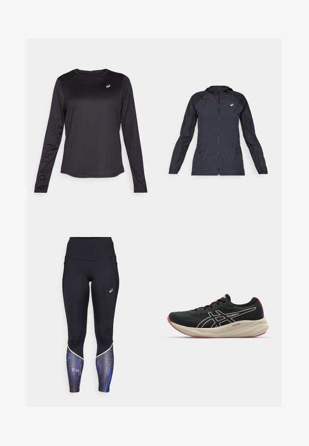 Veste légère noire avec capuche, fermeture éclair intégrale, deux poches latérales et panneaux noirs contrastants sur les épaules et les manches.; T-shirt d'entraînement à manches longues noir en tissu léger. Présente un col rond et un petit logo sur la poitrine. Texture lisse.; Leggings noirs taille haute au design ajusté, avec un accent coloré à motif sur le bas des jambes et une bordure blanche le long des coutures.; Chaussure de course noire avec un dessus en maille et des accents blancs. Caractéristiques d'une semelle intermédiaire rembourrée et d'un détail de semelle extérieure rouge. Design léger.