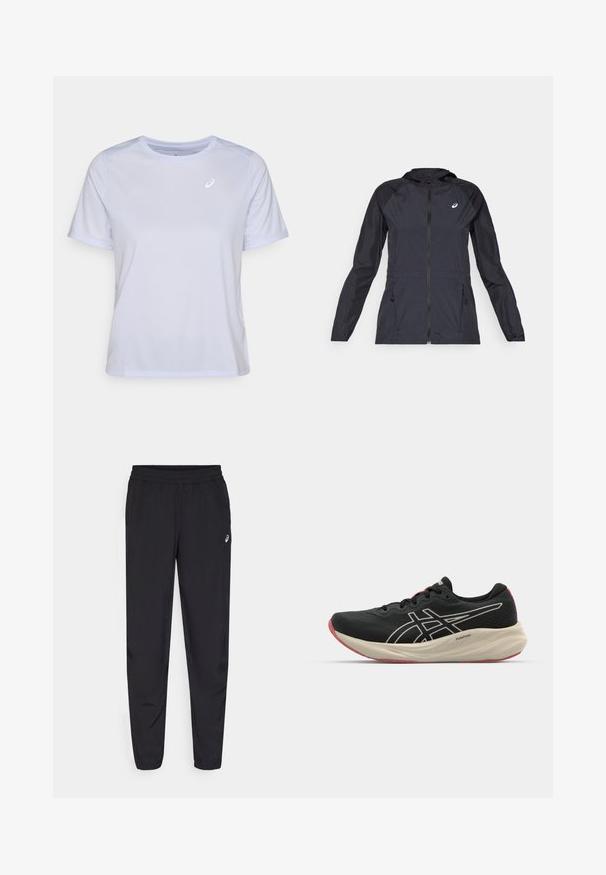 Czarna, lekka kurtka z kapturem, z pełnym zamkiem błyskawicznym, dwoma bocznymi kieszeniami oraz kontrastującymi czarnymi panelami na ramionach i rękawach.; Biała, krótka koszulka sportowa z krótkim rękawem, wykonana z gładkiego, lekkiego materiału. Posiada okrągły dekolt i małe logo z przodu po lewej stronie.; Czarne spodnie sportowe z elastycznym paskiem w talii, zwężanymi nogawkami z mankietami, wykonane z lekkiego, gładkiego materiału oraz z małym logo na udzie.; Czarne buty do biegania z siateczkową cholewką i białymi akcentami. Posiadają amortyzowaną podeszwę środkową oraz czerwony detal na podeszwie. Lekka konstrukcja.