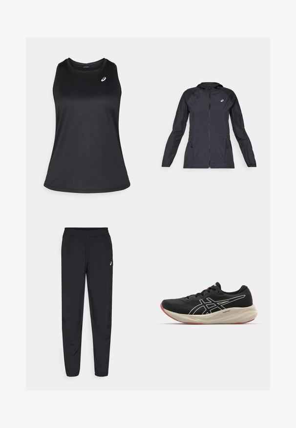 Czarna, lekka kurtka z kapturem, z pełnym zamkiem błyskawicznym, dwoma bocznymi kieszeniami oraz kontrastującymi czarnymi panelami na ramionach i rękawach.; Czarna sportowa koszulka bez rękawów, wykonana z lekkiego, oddychającego materiału. Posiada okrągły dekolt i subtelne logo po lewej stronie u góry.; Czarne spodnie sportowe z elastycznym paskiem w talii, zwężanymi nogawkami z mankietami, wykonane z lekkiego, gładkiego materiału oraz z małym logo na udzie.; Czarne buty do biegania z siateczkową cholewką i białymi akcentami. Posiadają amortyzowaną podeszwę środkową oraz czerwony detal na podeszwie. Lekka konstrukcja.