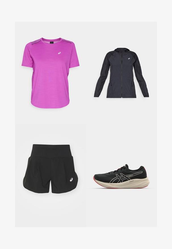 Giacca leggera nera con cappuccio, zip intera, due tasche laterali e pannelli neri a contrasto sulle spalle e sulle maniche.; ASICS ROAD TOP - T-Shirt sport - bold magenta; Pantaloni corti sportivi neri con un ampio elastico in vita, design plissettato e un piccolo logo bianco accentato sul lato sinistro inferiore. Materiale morbido e leggero.; Scarpa da corsa nera con tomaia in rete e dettagli bianchi. Presenta un intersuola ammortizzata e un particolare suola rossa. Design leggero.