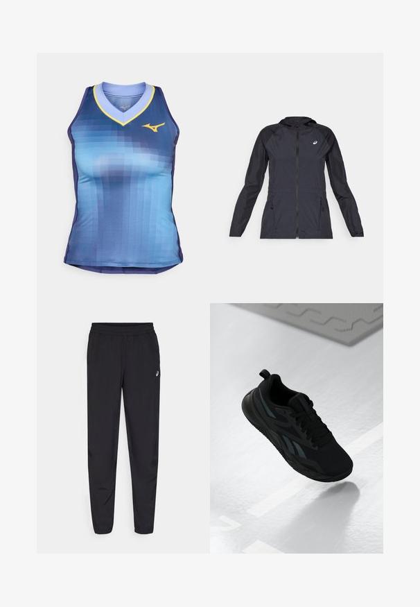 Svart lett jakke med hette, hel glidelås, to sidelommer og kontrasterende svarte paneler på skuldrene og ermene.; Ermeløs treningssinglet med gradientdesign i blå nyanser, v-hals med gule detaljer, og en tettsittende silhuett. Laget av glatt, lett stoff.; Svart idrettsbukser med elastisk linning, smale ben med mansjetter, laget av et lett og glatt materiale, med en liten logo på låret.; Svart treningstøvel med mesh-overdel, med teksturerte detaljer og en flat såleform. Inkluderer tone-i-tone merkevare og en løfteklaff på hælen.