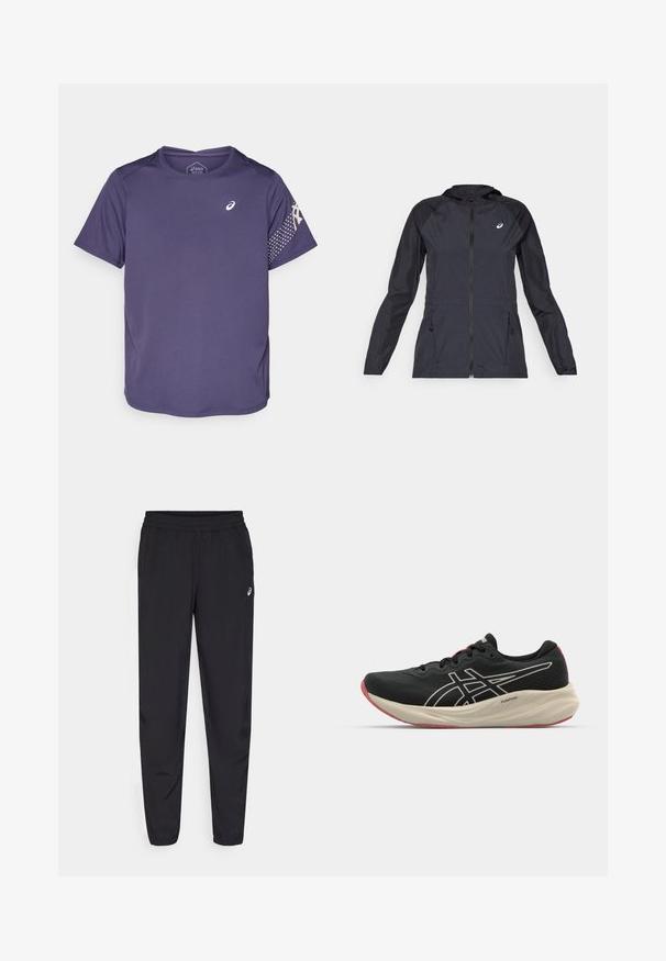 Svart lett jakke med hette, hel glidelås, to sidelommer og kontrasterende svarte paneler på skuldrene og ermene.; Lilla treningsskjorte med korte ermer, strukturert stoff, rund halsutskjæring og en logo på brystet. Prikket mønster på ermet.; Svart idrettsbukser med elastisk linning, smale ben med mansjetter, laget av et lett og glatt materiale, med en liten logo på låret.; Svart løpesko med mesh-overdel og hvite detaljer. Har en polstret mellomsåle og røde såledetaljer. Lett design.