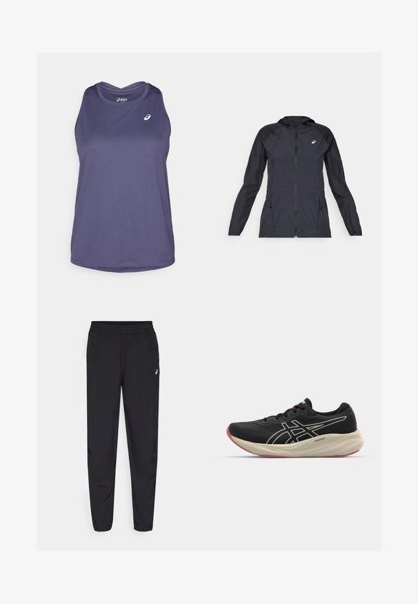 Čierna ľahká bunda s kapucňou, plným zipsom, dvoma bočnými vreckami a kontrastnými čiernymi panelmi na pleciach a rukávoch.; Fialový športový top bez rukávov vyrobený z ľahkého materiálu, so zaobleným výstrihom a diskrétnym logom na prednej strane.; Čierne športové nohavice s elastickým pásom, zúženými nohavicami so zátkami, vyrobené z ľahkého, hladkého materiálu, a malým logom na stehne.; Čierna bežecká obuv s vrchnou časťou z mriežky a bielymi akcentmi. Obsahuje vyžarovaný stredný podrážku a červené detaily na podrážke. Ľahká konštrukcia.