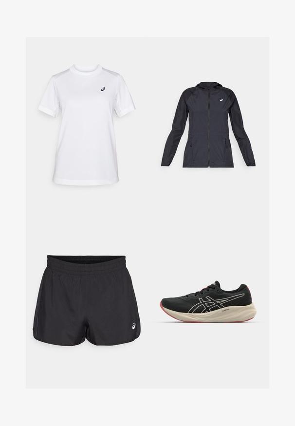 Sort letvægtsjakke med hætte, fuld lynlås, to sidelommer og kontrastfarvede sorte paneler på skuldre og ærmer.; ASICS COURT SS TOP - Sports T-shirts - brilliant white; Sorte atletiske shorts med elastisk talje, glat tekstur, buet kant og side mesh-detaljer. Har et lille logo foran.; Sort løbesko med mesh-overdel og hvide detaljer. Har en polstret mellemsål og røde ydersåledetaljer. Letvægtsdesign.