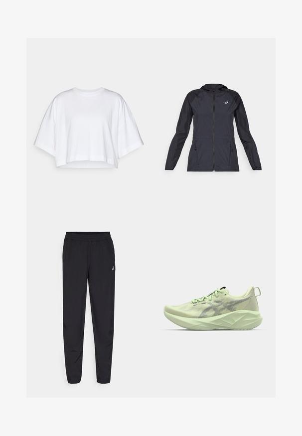 Fekete, könnyű dzseki kapucnival, teljes cipzárral, két oldalsó zsebbel és kontrasztos fekete panelek a vállakon és a ujjakon.; Fehér, rövid fazonú póló, puha pamutból készült, rövid, széles ujjakkal és kerek dekoltázzsal. Minimalista dizájn, nincs látható minta vagy díszítések.; Fekete sportnadrág rugalmas derékkal, keskenyedő lábszárral és összehúzással, könnyű, sima anyagból készült, kis logóval a combon.; Világoszöld sportcipő, hálós felsőrészével, texturált részleteivel és vastag, szögletes talpával a kényelmesebb párnázottságért és támogatásért.