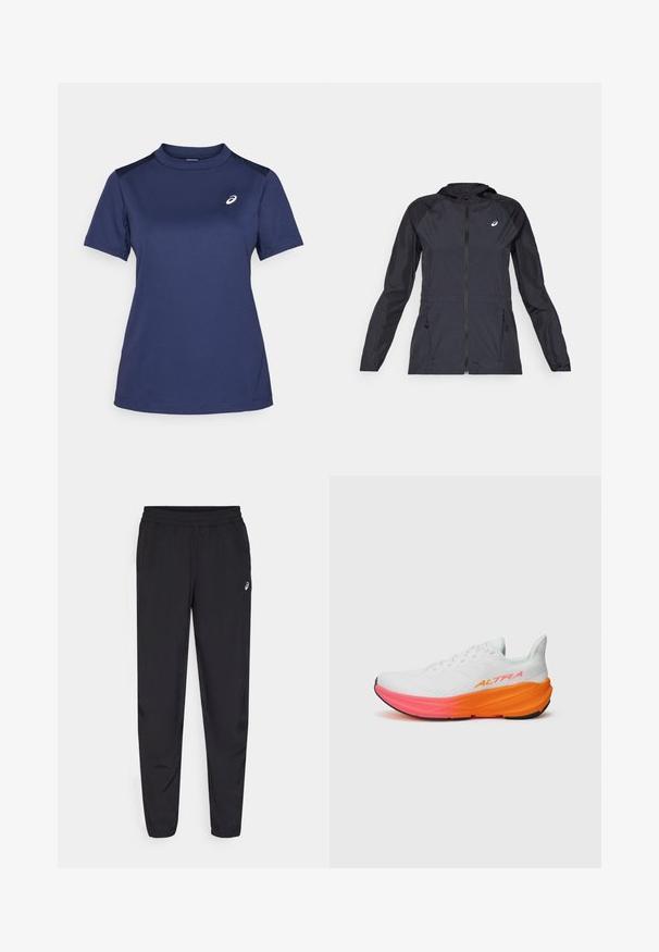 Črna lahka jakna s kapuco, popolnim zadrgo, dvema stranskima žepoma in kontrastnimi črnimi paneli na ramenih in rokavih.; ASICS COURT TOP - Športne majice - midnight; Črne športne hlače z elastičnim pasom, zoženimi nogavicami z manšetami, izdelane iz lahkotnega, gladkega materiala, z majhnim logotipom na stegnu.; Bela atletska čevlja z teksturirano zgornjimi deli, ki ima barvit gradientni podplat v oranžni in roza barvi ter izstopajoč logotip na strani.