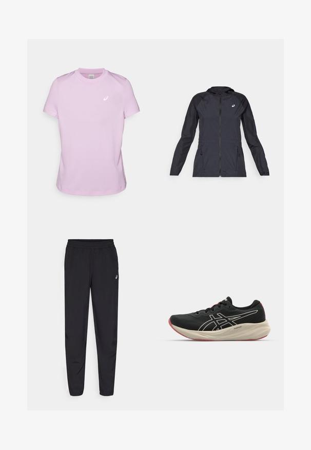 Musta kevyt takki hupulla, täysin vetoketjullinen, kahdella sivutaskulla ja kontrastoivilla mustilla paneeleilla hartioissa ja hihoissa.; ASICS COURT TOP - Tekninen t-paita - light ube; Mustat urheiluhousut, joissa on joustava vyötärö, kapenevat lahkeet resoreilla, kevyestä ja sileästä materiaalista sekä pieni logo reidessä.; Mustapohjainen juoksukenkä, jossa on verkkokangasta ja valkoisia yksityiskohtia. Varustettu pehmeällä välipohjalla ja punaisella pohjakuvioinnilla. Kevyt muotoilu.