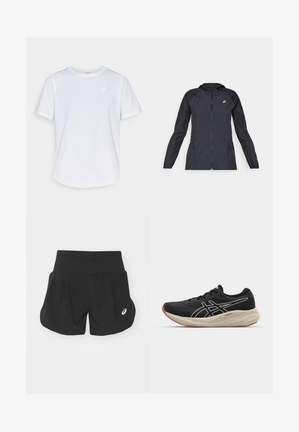 Zwarte lichtgewicht jas met capuchon, volle rits, twee zijzakken en contrasterende zwarte panelen op de schouders en mouwen.; Witte sportieve t-shirt, korte mouwen, ronde hals, gemaakt van vochtabsorberende stof, met een klein logo op de borst, lichtgewicht textuur.; Zwarte sportshorts met een brede tailleband, geplooid ontwerp en een klein wit logo accent aan de linkerkant onderaan. Zacht, lichtgewicht materiaal.; Zwarte hardloopschoen met een bovenwerk van mesh en witte accenten. Beschikt over een gewatteerde tussenzool en rode details op de buitenzool. Lichtgewicht ontwerp.