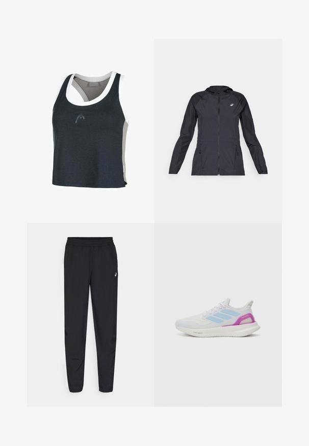 Schwarze leichte Jacke mit Kapuze, durchgehendem Reißverschluss, zwei Seitentaschen und kontrastierenden schwarzen Einsätzen an Schultern und Ärmeln.; Sportliches Tanktop in Marineblau und Grau mit weißem Saum. Hat einen Rundhalsausschnitt und ein asymmetrisches Rückendesign. Aus glattem Stoff gefertigt.; Schwarze Sporthosen mit einem elastischen Bund, schmal zulaufenden Beinen mit Bündchen, aus leichtem, glattem Material und einem kleinen Logo am Oberschenkel.; adidas Performance PUREBOOST 5 - Laufschuh Straße - white/glow blue/purple burst