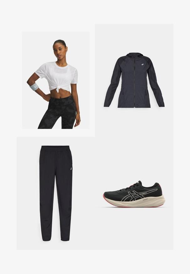 Černá lehká bunda s kapucí, plným zipem, dvěma bočními kapsami a kontrastními černými panely na ramenou a rukávech.; Bílý síťovaný crop top s uzlovým detailem vpředu, nošený s černými vzorovanými legínami s vysokým pasem; doplněný šedým náramkem na zápěstí.; Černé sportovní kalhoty s elastickým pasem, tapered nohavicemi se manžetami, vyrobené z lehkého hladkého materiálu a s malým logem na stehně.; Černá běžecká obuv s síťovinovým svrškem a bílými akcenty. Obsahuje polstrovanou mezipodešev a červené detaily na podrážce. Lehké provedení.