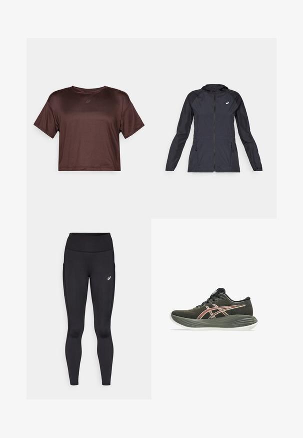 Čierna ľahká bunda s kapucňou, plným zipsom, dvoma bočnými vreckami a kontrastnými čiernymi panelmi na pleciach a rukávoch.; Hnedý športový top s krátkym rukávom a skráteným strihom vyrobený z hladkej, ľahkej látky s jemným leskom a malým logom na hrudi.; Čierne legíny s vysokým pásom, vyrobené z hladkého, elastického materiálu. Obsahujú nenápadné logo na stehne a bočné vrecká.; Tmavá olivovo zelená bežecká obuv s hrubou šedou podrážkou, čiernymi šnúrkami a červenobielym pruhovaným logom po boku.