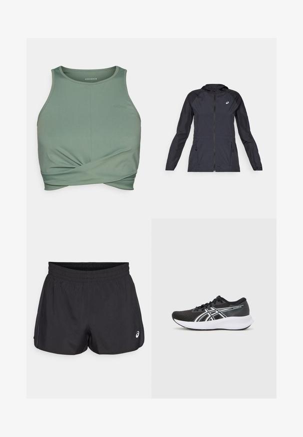 Casaco leve preto com capuz, zíper completo, dois bolsos laterais e painéis pretos contrastantes nos ombros e mangas.; Sutiã desportivo verde, feito de um tecido suave e elástico. Apresenta um design frontal torcido e o nome da marca "BORG" impresso de forma subtil na cor correspondente.; Shorts desportivos pretos com um cós elástico, textura suave, bainha curva e detalhes em malha nas laterais. Apresenta um pequeno logótipo na parte da frente.; Sapatos atléticos pretos com um cabedal em malha texturizada, detalhes brancos e uma sola branca almofadada. Apresenta um logótipo na lateral e cordões.