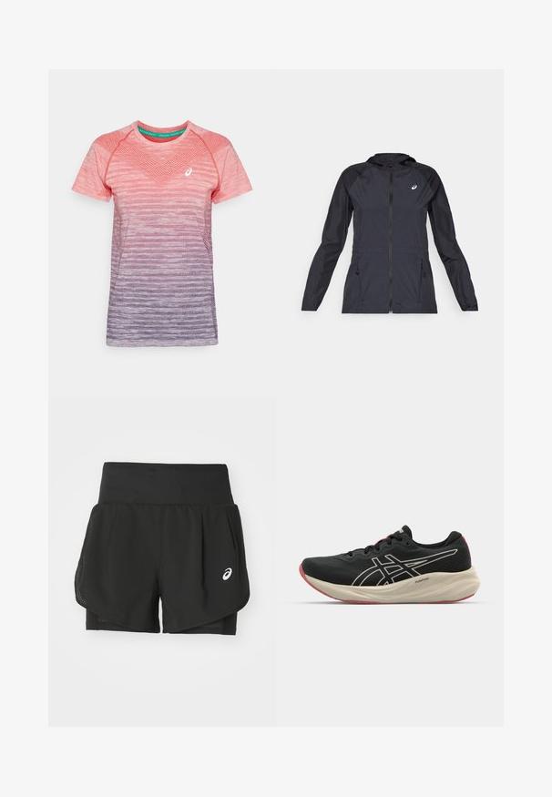 Czarna, lekka kurtka z kapturem, z pełnym zamkiem błyskawicznym, dwoma bocznymi kieszeniami oraz kontrastującymi czarnymi panelami na ramionach i rękawach.; Krótki rękaw sportowy top w gradientowych odcieniach różu do fioletu, z teksturowanej tkaniny, siateczkowymi detalami i kontrastowym dekoltem. Logo z przodu po lewej stronie.; Czarne szorty sportowe z przewiewną siateczkową nakładką, wewnętrznymi szortami o gładkiej fakturze i białym logo po lewej stronie.; Czarne buty do biegania z siateczkową cholewką i białymi akcentami. Posiadają amortyzowaną podeszwę środkową oraz czerwony detal na podeszwie. Lekka konstrukcja.