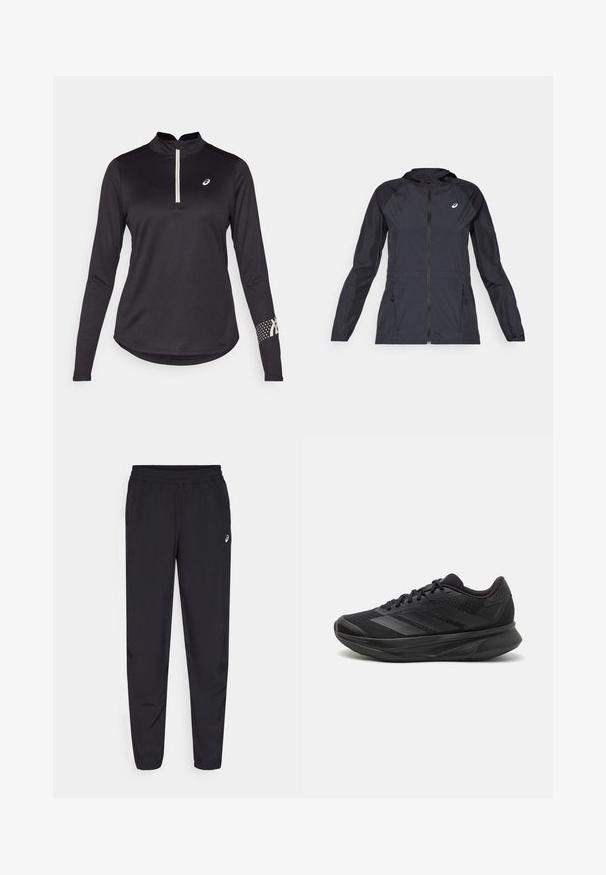 Black lightweight jacket with a hood, full zipper, two side pockets, and contrasting black panels on shoulders and sleeves.; Black long-sleeve athletic top with a half-zip collar, textured fabric, and a dotted pattern on the right sleeve featuring logo accents.; Black sports pants featuring an elastic waistband, tapered legs with cuffs, made of a lightweight, smooth material, and a small logo on the thigh.; Black running shoe with a breathable mesh upper, rounded toe, sleek design, textured accents, and a cushioned sole for comfort.