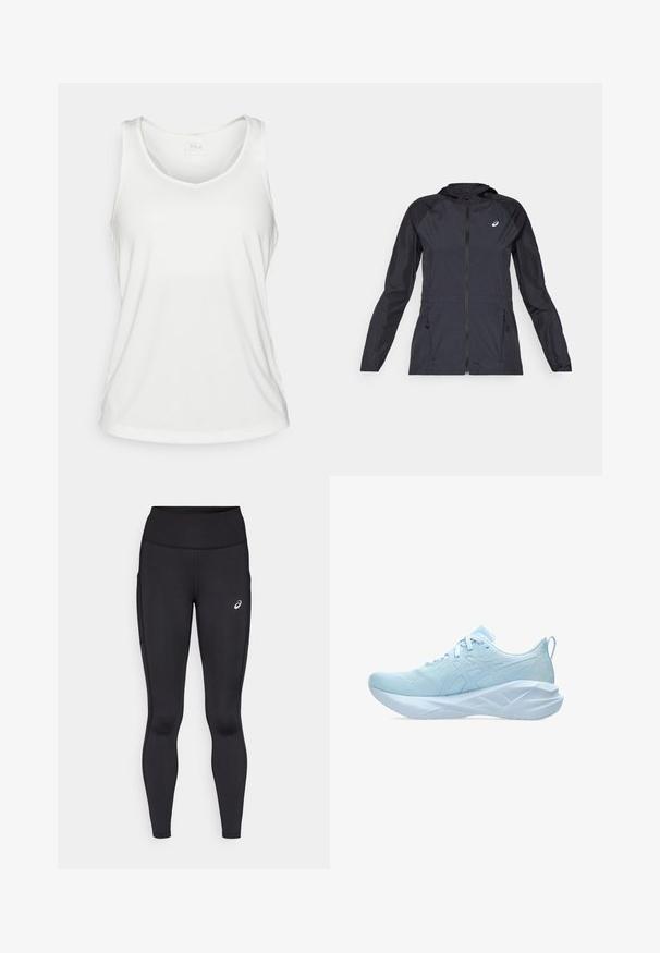 Crna lagana jakna s kapuljačom, punim zatvaračem, dva bočna džepa i kontrastne crne panele na ramenima i rukavima.; Bijela bezrukavna sportska majica s V-izrezom i malim FILA logotipom na unutarnjoj strani ovratnika, prikazana ravno.; Crne tajice s visokim strukom, izrađene od glatkog, rastezljivog materijala. Imaju diskretni logo na bedru i bočne džepove.; Svijetloplave atletske tenisice s mrežastim gornjim dijelom, ravnim vezicama i debelim, teksturiranim potplatom s geometrijskim naglascima za stabilnost.