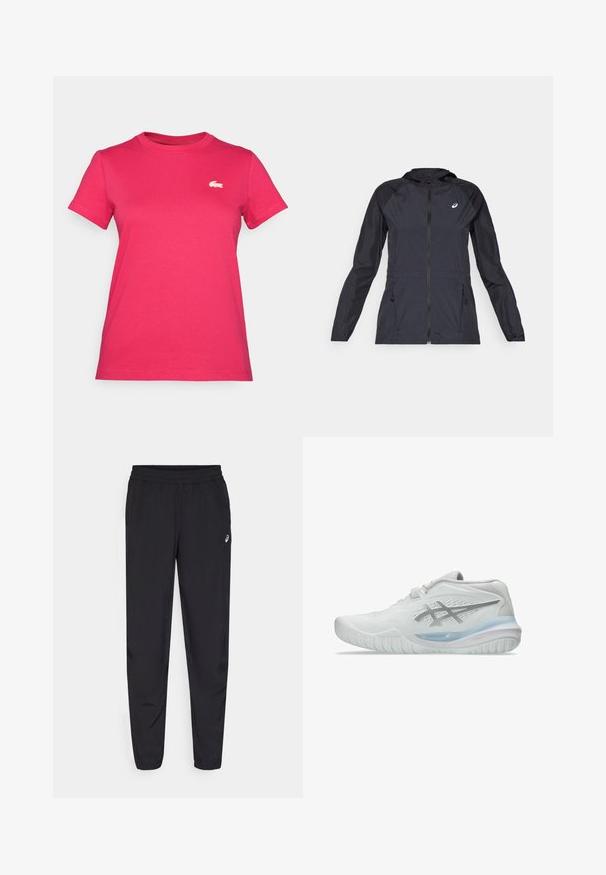 Svart lett jakke med hette, hel glidelås, to sidelommer og kontrasterende svarte paneler på skuldrene og ermene.; Rosa bomull t-skjorte med korte ermer og rund halslinning. Har en liten hvit Lacoste-logo på venstre brystområde.; Svart idrettsbukser med elastisk linning, smale ben med mansjetter, laget av et lett og glatt materiale, med en liten logo på låret.; Hvite joggesko med en teksturert overdel, som har en gjennomskinnelig blå såle og subtle gråmerker på siden. Rund tå og lav profil.
