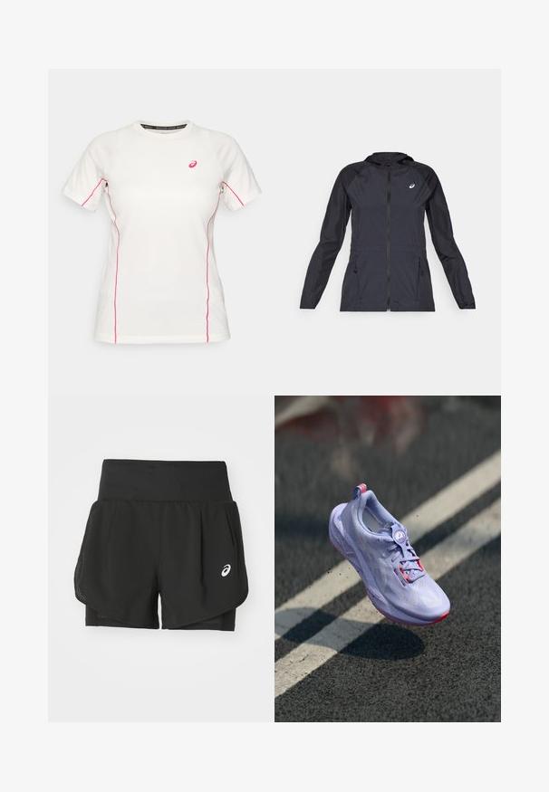 Schwarze leichte Jacke mit Kapuze, durchgehendem Reißverschluss, zwei Seitentaschen und kontrastierenden schwarzen Einsätzen an Schultern und Ärmeln.; Weißes kurzärmeliges Sportshirt mit rosa Nähten an den Seiten und Ärmeln, mit einem kleinen rosa Asics-Logo auf der Brust.; Schwarze Sportshorts mit einem atmungsaktiven Mesh-Overlay, inneren Shorts mit glattem Material und einem weißen Logo auf der linken Seite.; Helle lila Laufschuh mit strukturiertem Obermaterial, pinken Akzenten, einem runden Schnürsystem und einer gesprenkelten Sohle, die über einem Asphalt-Hintergrund schwebt.