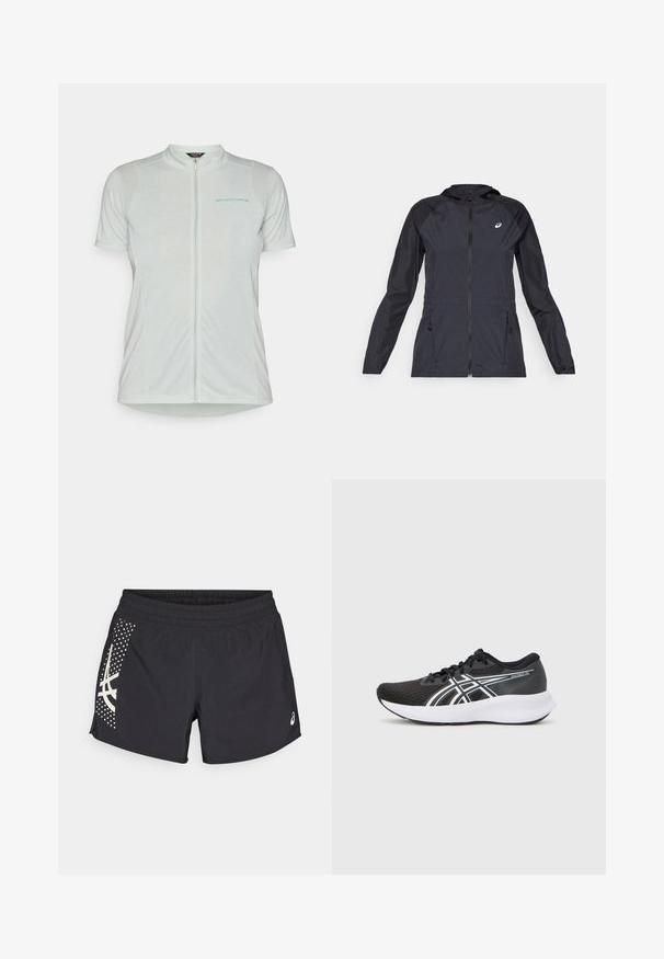 Veste légère noire avec capuche, fermeture éclair intégrale, deux poches latérales et panneaux noirs contrastants sur les épaules et les manches.; Maillot de cyclisme à manches courtes en tissu gris clair, avec une fermeture éclair à l'avant, des panneaux en mesh respirants et le logo "ENDURA" en bleu sur le côté gauche.; Shorts de sport noirs avec une taille élastique et un logo. Le côté présente un motif avec des accents blancs et un motif à pois.; Baskets de sport noires avec une tige en maille texturée, accents blancs et une semelle blanche rembourrée. Présente un logo sur le côté et des lacets.