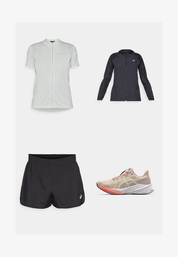 Veste légère noire avec capuche, fermeture éclair intégrale, deux poches latérales et panneaux noirs contrastants sur les épaules et les manches.; Maillot de cyclisme à manches courtes en tissu gris clair, avec une fermeture éclair à l'avant, des panneaux en mesh respirants et le logo "ENDURA" en bleu sur le côté gauche.; Shorts de sport noirs avec une taille élastique, texture lisse, ourlet arrondi et accents en mesh sur les côtés. Présente un petit logo à l'avant.; Baskets de course roses pâles avec une tige en mesh, semelle intermédiaire blanche, et accents oranges sur la semelle. Présente un design élégant et aérodynamique.