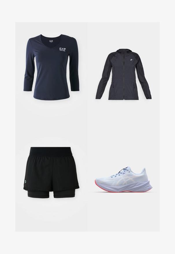 Jachetă ușoară neagră cu glugă, fermoar complet, două buzunare laterale și panouri contrastante negre pe umeri și mâneci.; Tricou cu mânecă lungă de culoare bleumarin, cu decolteu în V, realizat dintr-un material neted. Prezintă logo-ul EA7 pe piept și un design ajustat, cu o croială simplă și curată.; Shorts atleți negri cu un strat exterior pliat și pantaloni scurți interiori ajustați. Au un talie ribbed pentru confort și flexibilitate.; Pantofii atletici de un albastru deschis au o parte superioară din plasă texturată, accente albe ale logo-ului, o talpă captusită și o talpă roz. Prezintă un design elegant și ergonomic.