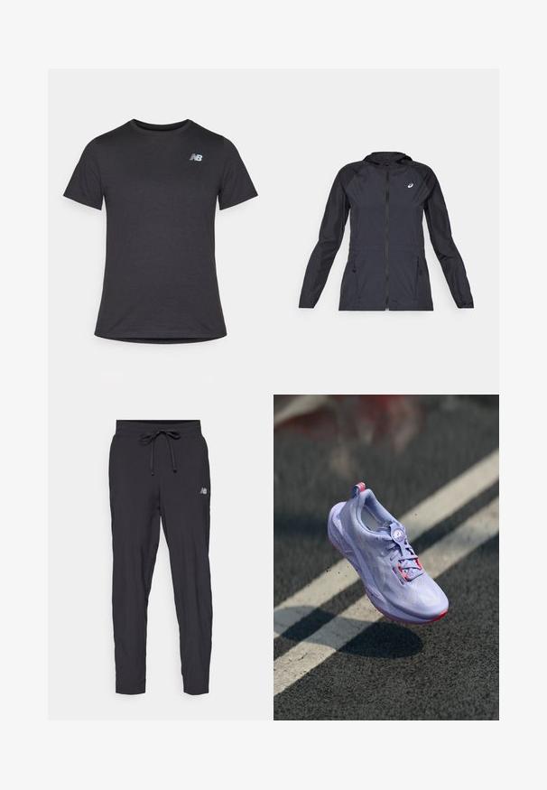 Czarna, lekka kurtka z kapturem, z pełnym zamkiem błyskawicznym, dwoma bocznymi kieszeniami oraz kontrastującymi czarnymi panelami na ramionach i rękawach.; Czarny t-shirt z krótki rękawem, wykonany z miękkiej tkaniny, z małym szarym logo New Balance na górnej lewej części klatki piersiowej, klasyczny krój z okrągłym dekoltem.; Czarne spodnie dresowe wykonane z lekkiego materiału, z elastycznym paskiem w talii i regulowanym sznurkiem. Posiadają małe logo z boku.; Jasnofioletowy but do biegania z teksturowaną cholewką, różowymi akcentami, okrągłym mechanizmem sznurowania i nakropkowaną podeszwą, uniesiony nad tle chodnika.