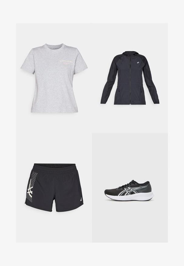 Must tume kerge jope kapuutsiga, täispikk tõmblukk, kaks küljetaskut ja kontrastsed mustad paneelid õlgadel ja varrukatel.; Hallhalli puuvillane t-särk, millel on ümar kaelus, lühikesed varrukad ja roosa trükitud logo "BJÖRN BORG STOCKHOLM 1986" rinnal.; Mustad mustad lühikesed püksid elastse vööga ja logoga. Külgedel on valgete aktsentidega disain ja punktmuster.; Mustad mustrennijalanõud, millel on tekstuuriga pese, valged aktsendid ja pehme valge tall. Külje peal on logo ja paelad.