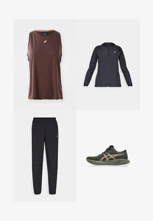 Black lightweight jacket with a hood, full zipper, two side pockets, and contrasting black panels on shoulders and sleeves.; Brown sleeveless athletic tank top with a round neckline, featuring a small white logo on the chest and a textured, soft fabric.; Black sports pants featuring an elastic waistband, tapered legs with cuffs, made of a lightweight, smooth material, and a small logo on the thigh.; Dark olive green running shoe with thick gray sole, black laces, and red and white striped logo on side.