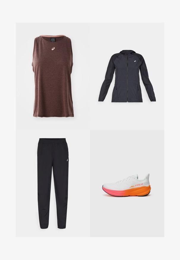 Svart lett jakke med hette, hel glidelås, to sidelommer og kontrasterende svarte paneler på skuldrene og ermene.; Brun sengelett treningstopp med rund hals, med en liten hvit logo på brystet og et teksturert, mykt stoff.; Svart idrettsbukser med elastisk linning, smale ben med mansjetter, laget av et lett og glatt materiale, med en liten logo på låret.; Hvit sportsko med et teksturert overdel, som har en fargerik gradient såle i oransje og rosa, samt en fremtredende logo på siden.