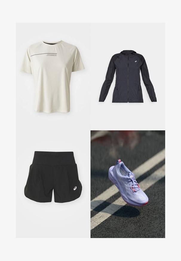 Fekete, könnyű dzseki kapucnival, teljes cipzárral, két oldalsó zsebbel és kontrasztos fekete panelek a vállakon és a ujjakon.; Világos bézs, rövid ujjú póló bordás tekstúrával. Sportos kialakítással rendelkezik, és sötétbarna "HUMMEL" logó található rajta a mellkason.; Fekete sportos sort széles derékkal, pliszírozott kialakítással és kis fehér logóval a bal alsó oldalon. Puha, könnyű anyagból.; Világosszürke futócipő, texturált felsőrésszel, rózsaszín díszítéssel, kerek fűzőrendszerrel és pöttyözött talppal, aszfalt háttér előtt emelve.