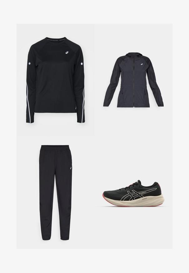 Musta kevyt takki hupulla, täysin vetoketjullinen, kahdella sivutaskulla ja kontrastoivilla mustilla paneeleilla hartioissa ja hihoissa.; Musta pitkähihainen urheiluprintti raglan-hihoilla, valkoiset heijastavat raidat sivuilla ja pyöreä kaula-aukko. Rinnassa pieni logo.; Mustat urheiluhousut, joissa on joustava vyötärö, kapenevat lahkeet resoreilla, kevyestä ja sileästä materiaalista sekä pieni logo reidessä.; Mustapohjainen juoksukenkä, jossa on verkkokangasta ja valkoisia yksityiskohtia. Varustettu pehmeällä välipohjalla ja punaisella pohjakuvioinnilla. Kevyt muotoilu.