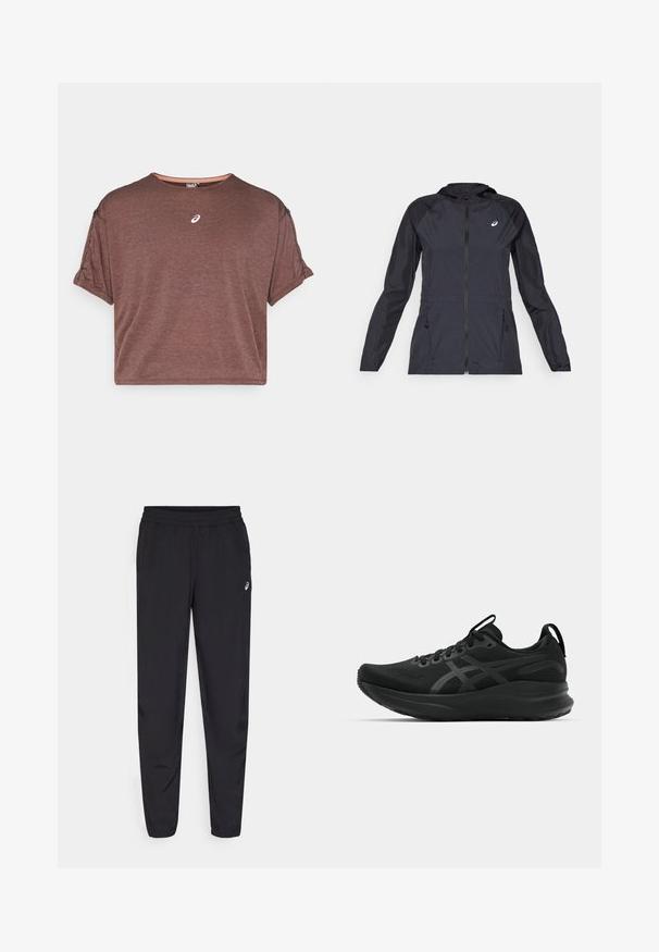 Svart lättviktsjacka med huva, full dragkedja, två sidofickor och kontrasterande svarta paneler på axlarna och ärmarna.; Brun kortärmad t-shirt i texturerad tyg med rund halsringning och en liten logga på bröstet. Har uppvikta ärmar.; Svarta sportbyxor med elastisk midja, smalnande ben med manschetter, tillverkade av ett lätt och slätt material, och en liten logotyp på låret.; Svarta sportskor med en andningsbar ovandel, texturerat tyg, tjock sula och subtila varumärkesdetaljer. Snören och draganordning ingår.