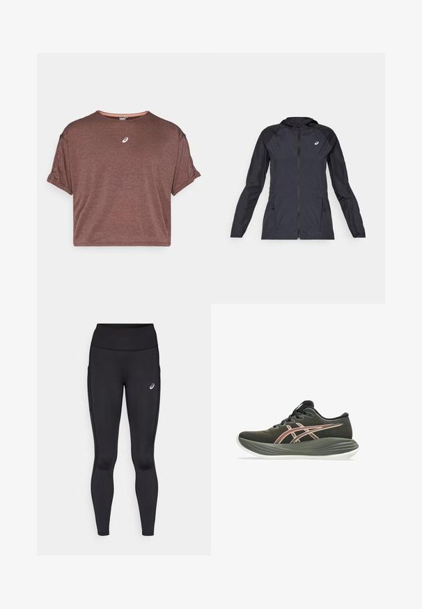 Jachetă ușoară neagră cu glugă, fermoar complet, două buzunare laterale și panouri contrastante negre pe umeri și mâneci.; Tricou scurt cu mâneci scurte de culoare maronie, confecționat dintr-un material texturat, cu decolteu rotund și un mic logo pe piept. Are mâneci rulate.; Leggings negre cu talie înaltă, fabricate dintr-un material neted și elastic. Prezintă un logo subtil pe coapsă și buzunare laterale.; Tenisii de alergare de culoare verde măsliniu închis, cu o talpă groasă gri, șireturi negre și un logo cu dungi roșii și albe pe parte.