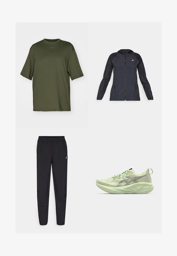 Juoda lengva striukė su kapišonu, pilnu užtrauktuku, dviem šoninėmis kišenėmis ir kontrastingomis juodomis dalimis ant pečių ir rankovių.; Alyvuogių žalios spalvos per didelis marškinėliai, trumpomis rankovėmis, apvalia iškirpte, pagamintas iš minkštos medžiagos. Centre yra subtilus prekės ženklas.; Juodos sportinės kelnės su elastingu juosmeniu, siaurėjančiomis kojomis su gumytėmis, pagamintos iš lengvo, glotnaus audinio, su maža logo ant šlaunies.; Šviesiai žalia sportinė avalynė su tinklo apvalkalu, tekstūruotais akcentais ir storu, kampuotu padu, užtikrinančiu geresnį amortizavimą ir paramą.