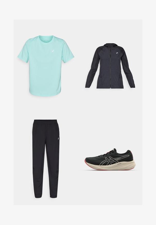Černá lehká bunda s kapucí, plným zipem, dvěma bočními kapsami a kontrastními černými panely na ramenou a rukávech.; Světle modré sportovní tričko s krátkým rukávem vyrobené z tkaniny odvádějící vlhkost, s malým bílým logem na hrudi a kulatým výstřihem.; Černé sportovní kalhoty s elastickým pasem, tapered nohavicemi se manžetami, vyrobené z lehkého hladkého materiálu a s malým logem na stehně.; Černá běžecká obuv s síťovinovým svrškem a bílými akcenty. Obsahuje polstrovanou mezipodešev a červené detaily na podrážce. Lehké provedení.
