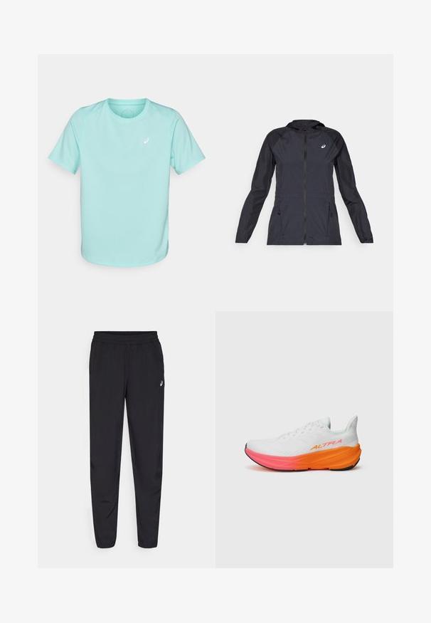 Juoda lengva striukė su kapišonu, pilnu užtrauktuku, dviem šoninėmis kišenėmis ir kontrastingomis juodomis dalimis ant pečių ir rankovių.; Šviesiai mėlyna trumpomis rankovėmis sportinė marškinėliai, pagaminti iš drėgmę eliminuojančios medžiagos, su mažyte baltu logotu krūtinėje ir apvalia iškirpte.; Juodos sportinės kelnės su elastingu juosmeniu, siaurėjančiomis kojomis su gumytėmis, pagamintos iš lengvo, glotnaus audinio, su maža logo ant šlaunies.; Balti sportiniai bateliai su tekstūruota viršutine dalimi, turintys spalvingą gradientinę padą oranžinės ir rožinės spalvos, bei ryškų logotipą šone.