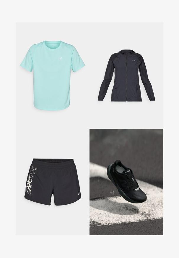 Must tume kerge jope kapuutsiga, täispikk tõmblukk, kaks küljetaskut ja kontrastsed mustad paneelid õlgadel ja varrukatel.; Hele sinine lühikeste varrukatega sportlik t-särk, mis on valmistatud niiskust eemaldavast kangast, millel on rinnal väike valge logo ja ümmargune kaelus.; Mustad mustad lühikesed püksid elastse vööga ja logoga. Külgedel on valgete aktsentidega disain ja punktmuster.; Mustmustööd mustad jooksujalatsid tekstureeritud pealsed, sujuv disain ja helendavad aktsendid. Omab pehmet, polsterdatud tallat, mis tagab mugavuse.