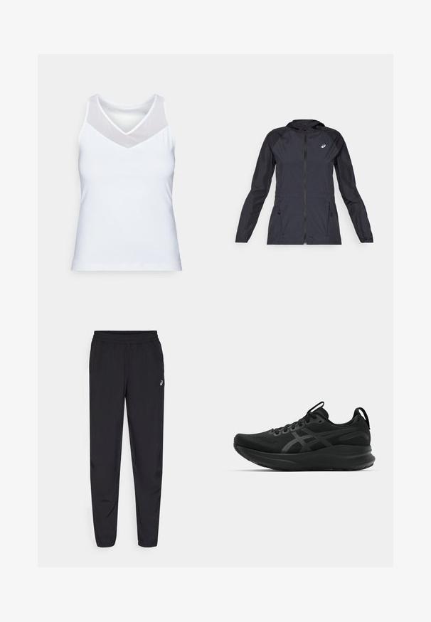 Must tume kerge jope kapuutsiga, täispikk tõmblukk, kaks küljetaskut ja kontrastsed mustad paneelid õlgadel ja varrukatel.; Valge kõrge kaelusega tipp, mis on valmistatud siledast kangast, millel on läbipaistvad võrkkrae detailid õlgadel. Lihtne ja sobiv disain.; Mustad mustrisokid, millel on elastne vöökoht, kitsenevad sääred, millel on soonikud, valmistatud kerge, siledast materjalist ning väike logo reie peal.; Mustad mustreesid hingava pealmise, tekstuurse kangaga, paksu tallaga ja diskreetsete brändingu aktsentidega. Kaasas on sidekummid ja tõmbeaas.