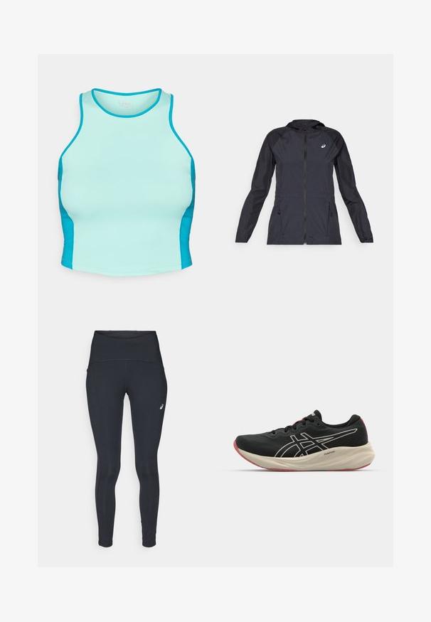 Černá lehká bunda s kapucí, plným zipem, dvěma bočními kapsami a kontrastními černými panely na ramenou a rukávech.; Sportovní top na tělo v jasné akvamarínové barvě s tmavšími akvamarínovými bočními panely. Vyrobený z elastického materiálu s hladkou texturou a kulatým výstřihem.; ASICS ROAD HIGH WAIST - Zimní legíny - performance black; Černá běžecká obuv s síťovinovým svrškem a bílými akcenty. Obsahuje polstrovanou mezipodešev a červené detaily na podrážce. Lehké provedení.
