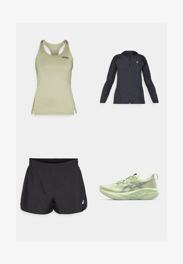 Črna lahka jakna s kapuco, popolnim zadrgo, dvema stranskima žepoma in kontrastnimi črnimi paneli na ramenih in rokavih.; Svetlo olivno zelena majica na naramenice, izdelana iz gladkega in raztegljivega materiala. Ima design s hrbtno naramnico in majhen črn logotip "BORG" spredaj.; Črne atletske kratke hlače z elastičnim pasom, gladko teksturo, ukrivljenim robom in stranskimi mrežastimi detajli. Na sprednji strani vsebujejo majhen logo.; Svetlo zelena športna čevlja s prozorno zgornjim delom, teksturiranimi detajli in debelim, anguliranim podplatom za izboljšano oblazinjenje in podporo.