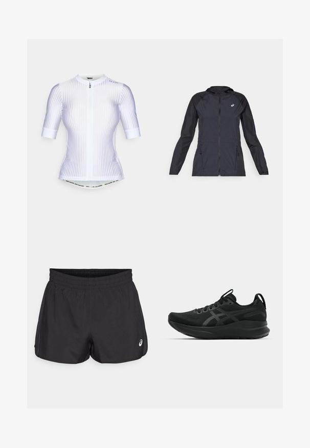 Black lightweight jacket with a hood, full zipper, two side pockets, and contrasting black panels on shoulders and sleeves.; White cycling jersey with short sleeves, featuring vertical ribbed texture, zip closure, and contrasting blue accents on shoulders.; Black athletic shorts with an elastic waistband, smooth texture, curved hem, and side mesh accents. Features a small logo on the front.; Black athletic shoes with a breathable upper, textured fabric, thick sole, and subtle branding accents. Laces and pull tab included.