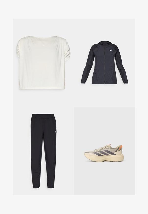 Svart lett jakke med hette, hel glidelås, to sidelommer og kontrasterende svarte paneler på skuldrene og ermene.; Kortsleeve, elfenbensfarget topp med samlede skulderdetaljer og rund hals. Myk, lett stoff med en subtil glans. Logo plassert på baksiden.; Svart idrettsbukser med elastisk linning, smale ben med mansjetter, laget av et lett og glatt materiale, med en liten logo på låret.; Beige treningssko med grå detaljer, teksturert overdel, tykk såle og oransje hælhempe. Har lisser og tre striper på siden.
