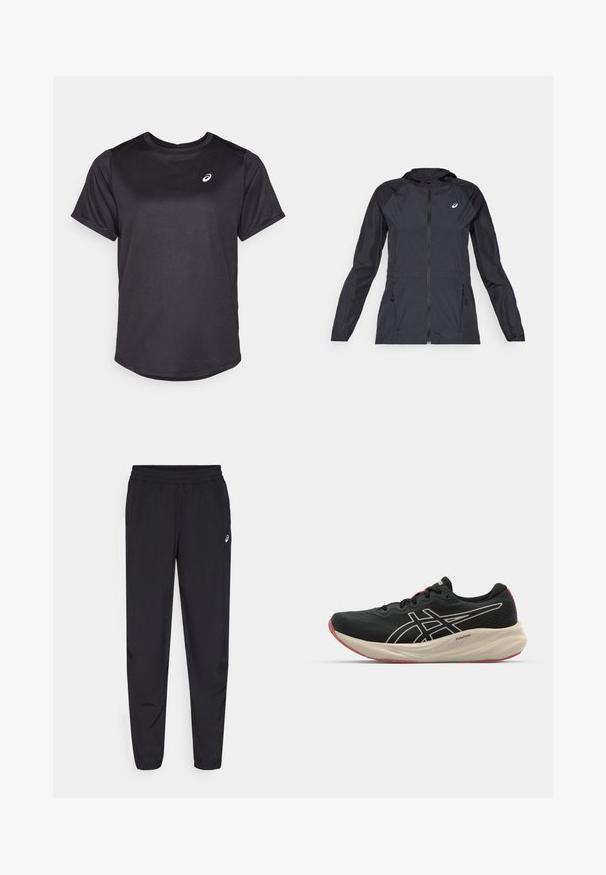 Musta kevyt takki hupulla, täysin vetoketjullinen, kahdella sivutaskulla ja kontrastoivilla mustilla paneeleilla hartioissa ja hihoissa.; Musta urheilupaita, joka on valmistettu sileästä, kosteutta siirtävästä kankaasta. Ominaisuudet: pyöreä kaula-auko ja lyhyet hihat. Valkoinen logo vasemmassa rinnassa.; Mustat urheiluhousut, joissa on joustava vyötärö, kapenevat lahkeet resoreilla, kevyestä ja sileästä materiaalista sekä pieni logo reidessä.; Mustapohjainen juoksukenkä, jossa on verkkokangasta ja valkoisia yksityiskohtia. Varustettu pehmeällä välipohjalla ja punaisella pohjakuvioinnilla. Kevyt muotoilu.
