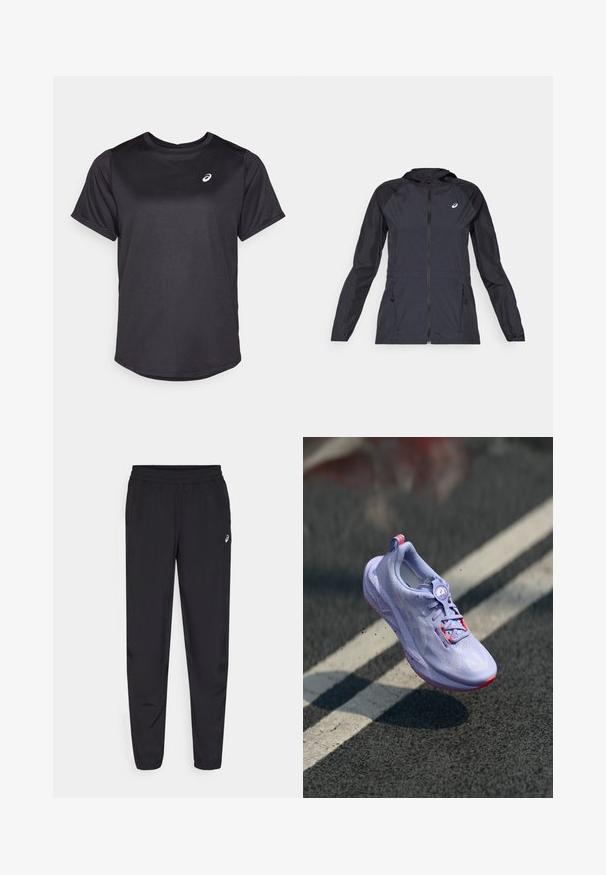 Zwarte lichtgewicht jas met capuchon, volle rits, twee zijzakken en contrasterende zwarte panelen op de schouders en mouwen.; Zwarte sportieve T-shirt gemaakt van glad, vochtregulerend materiaal. Heeft een ronde hals en korte mouwen. Logo in het wit op de linkerborst.; Zwarte sportbroek met een elastische tailleband, taps toelopende pijpen met boorden, gemaakt van een lichtgewicht, soepele stof, en een klein logo op de dij.; Lichtpaarse hardloopschoen met een gestructureerde bovenkant, roze accenten, een rond vetersysteem en een gespikkelde zool, verhoogd boven een asfaltachtergrond.