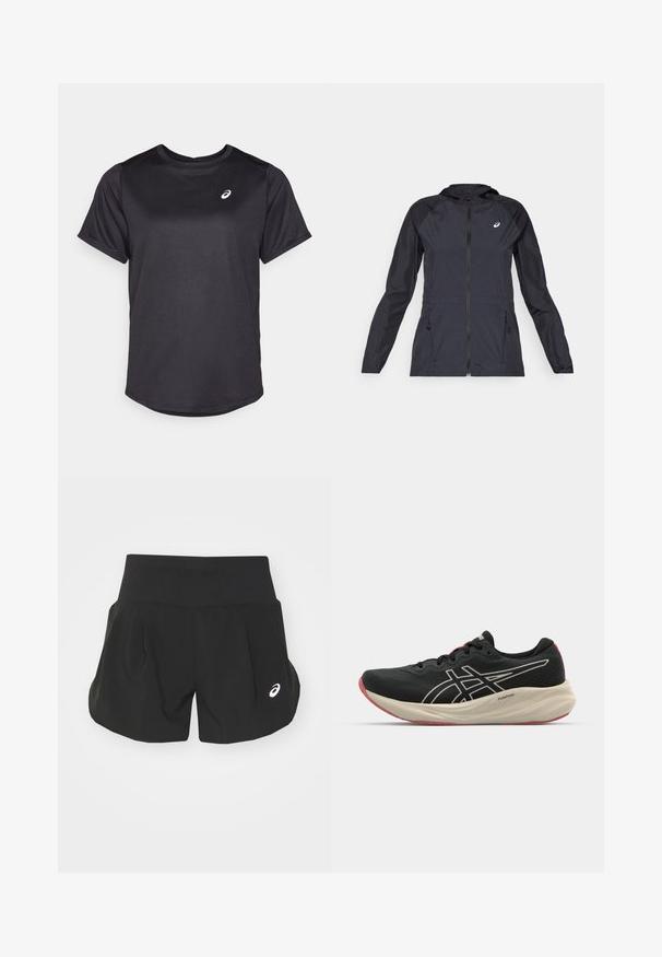 Must tume kerge jope kapuutsiga, täispikk tõmblukk, kaks küljetaskut ja kontrastsed mustad paneelid õlgadel ja varrukatel.; Must musta T-särk, mis on valmistatud sileda, niiskust eemaldava kangaga. Omab ümarat kaelust ja lühikesi varrukaid. Vasakul rinnal on valge logo.; Mustad mustrokid, laia vöökoht, pleekud disain ja väike valge logo aktsent vasakul alakul. Pehme, kerge materjal.; Musthave mustuskingad, millel on võrkkangas ülakeha ja valged detailid. Omab pehmendatud vahetald ja punaseid detailid tallal. Kerge disain.