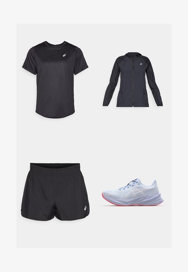 Črna lahka jakna s kapuco, popolnim zadrgo, dvema stranskima žepoma in kontrastnimi črnimi paneli na ramenih in rokavih.; Črna športna majica iz gladkega, zrakoprepustnega materiala. Ima okroglo ovratnik in kratke rokave. Na levem prsnem delu je bel logotip.; Črne atletske kratke hlače z elastičnim pasom, gladko teksturo, ukrivljenim robom in stranskimi mrežastimi detajli. Na sprednji strani vsebujejo majhen logo.; Svetlo modra športna čevlja z teksturiranim mrežastim zgornjim delom, belimi logotipnimi poudarki, oblazinjenim podplatom in rožnato podplato. Ima elegantno, ergonomsko zasnovo.