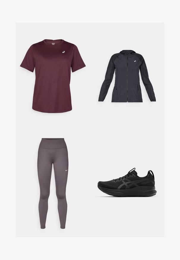 Juoda lengva striukė su kapišonu, pilnu užtrauktuku, dviem šoninėmis kišenėmis ir kontrastingomis juodomis dalimis ant pečių ir rankovių.; Tamsiai raudonas sportinis marškinėlis, pagamintas iš kvėpuojančios medžiagos, su trumpomis rankovėmis ir apvaliu iškirpimu, ant krūtinės yra mažas logotipo detalė.; Pilkos tamprės iš tamprios medžiagos, su aukštu liemeniu, lygiu paviršiumi ir mažu baltu logotipu kairėje šlaunyje.; Juodi sportiniai bateliai su kvėpuojančia viršutine dalimi, tekstūruota medžiaga, storu padu ir subtiliais prekių ženklo akcentais. Šnervių ir kilpos elementai įtraukti.