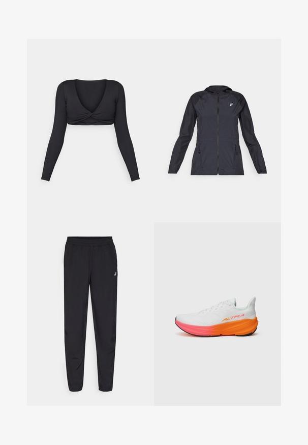 Zwarte lichtgewicht jas met capuchon, volle rits, twee zijzakken en contrasterende zwarte panelen op de schouders en mouwen.; Zwarte lange mouw crop top met een diepe V-hals en een gedraaide voorkant, gemaakt van glad, elastisch materiaal.; Zwarte sportbroek met een elastische tailleband, taps toelopende pijpen met boorden, gemaakt van een lichtgewicht, soepele stof, en een klein logo op de dij.; Witte sportieve schoen met een gestructureerde bovenkant, voorzien van een kleurrijke gradiëntzool in oranje en roze, en een prominent logo aan de zijkant.