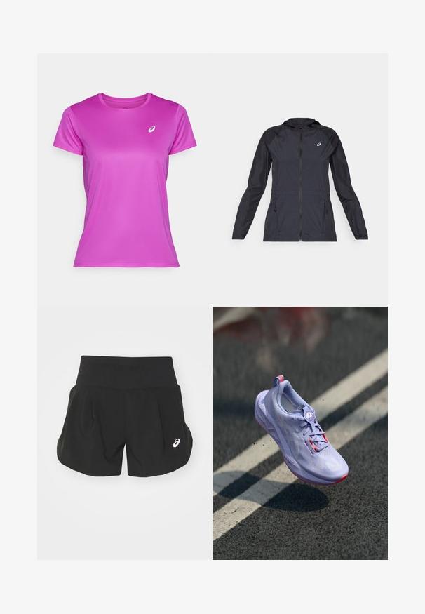 Fekete, könnyű dzseki kapucnival, teljes cipzárral, két oldalsó zsebbel és kontrasztos fekete panelek a vállakon és a ujjakon.; ASICS CORE TOP - Sportfelső - bold magenta; Fekete sportos sort széles derékkal, pliszírozott kialakítással és kis fehér logóval a bal alsó oldalon. Puha, könnyű anyagból.; Világosszürke futócipő, texturált felsőrésszel, rózsaszín díszítéssel, kerek fűzőrendszerrel és pöttyözött talppal, aszfalt háttér előtt emelve.
